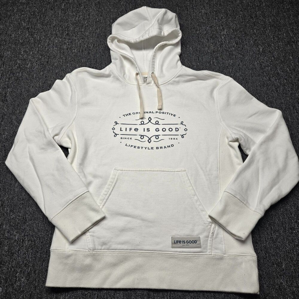 Life Is Good Women’s Hoodie Small White Pullover Positive Graphic Sweatshirt